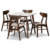 Baxton Studio Pearson Mid-Century Modern Transitional Light Beige Fabric Upholstered and Walnut Brown Finished Wood 5-Piece Dining Set with Faux Marble Table